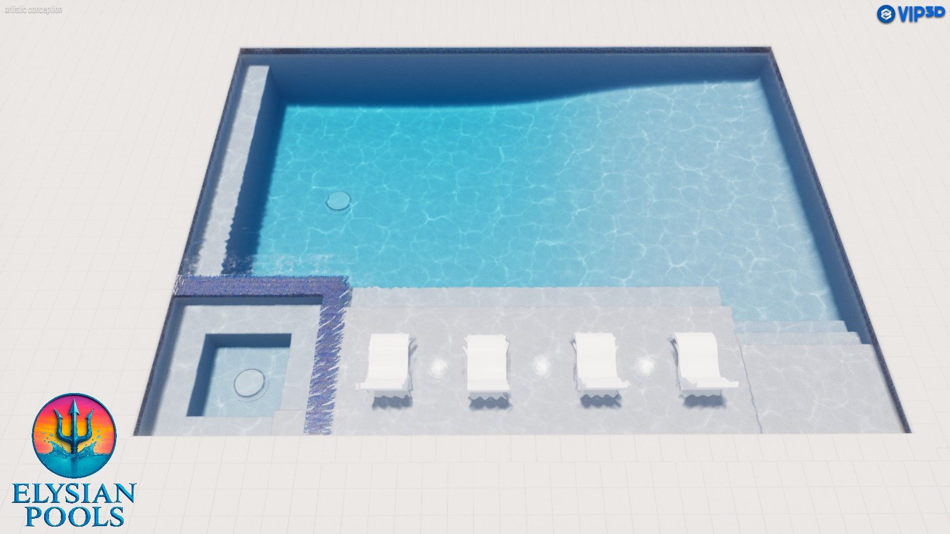 3D rendering of a rectangular pool with lounge chairs on a concrete deck.