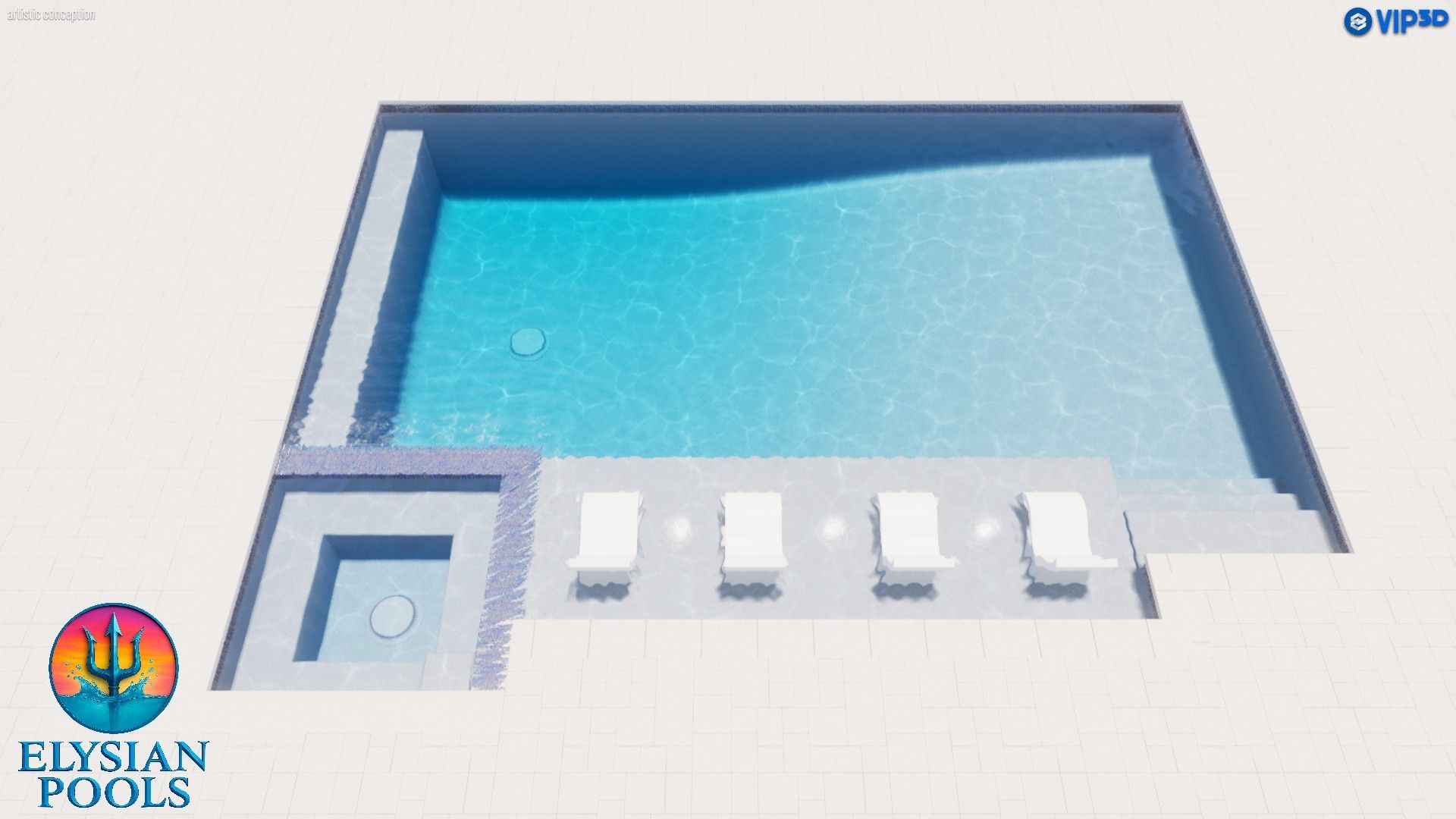3D rendering of a modern rectangular pool with lounge chairs, steps, and a hot tub. Blue water, sunny setting.