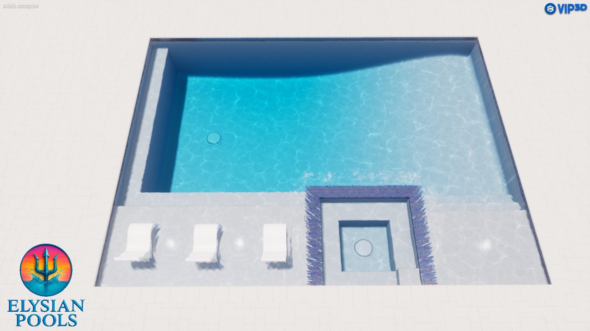 A rendering of a square pool with a deck, lounge chairs, and water. Blue and white colors.