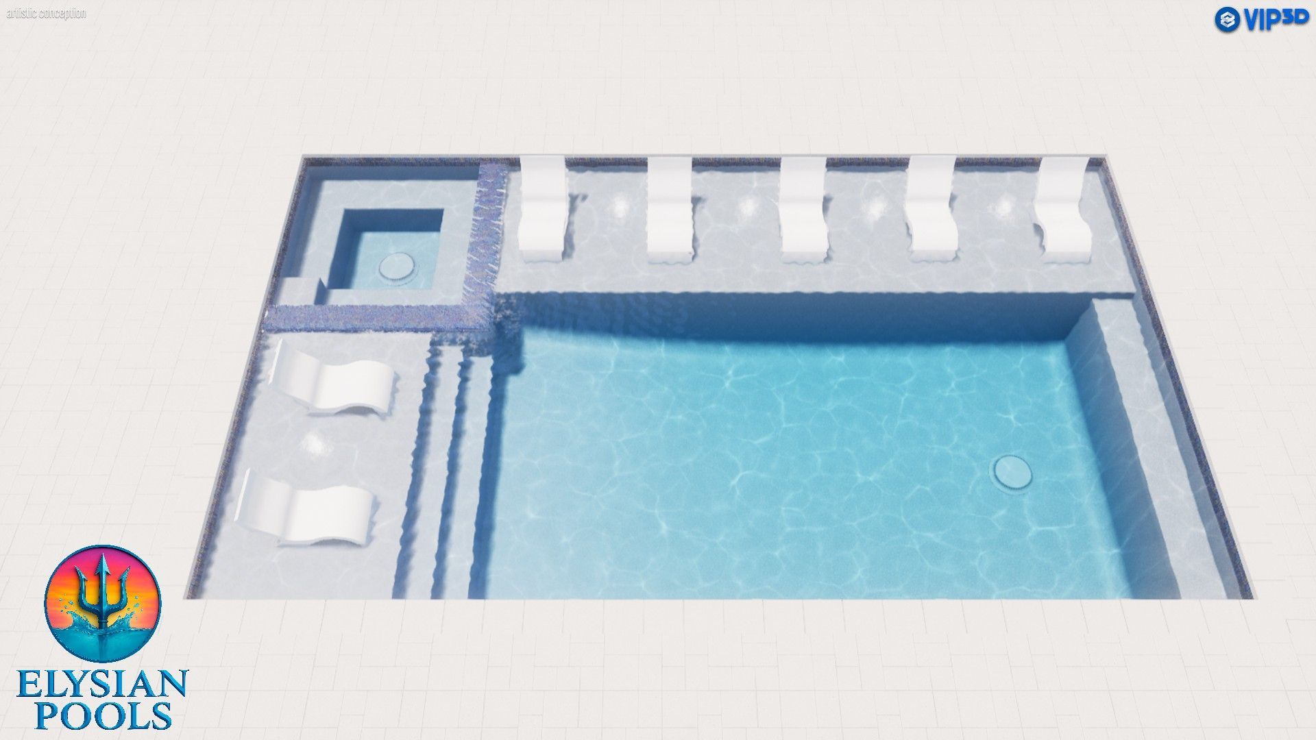 A modern pool design with a rectangular pool, spa, and lounge chairs on a concrete deck.