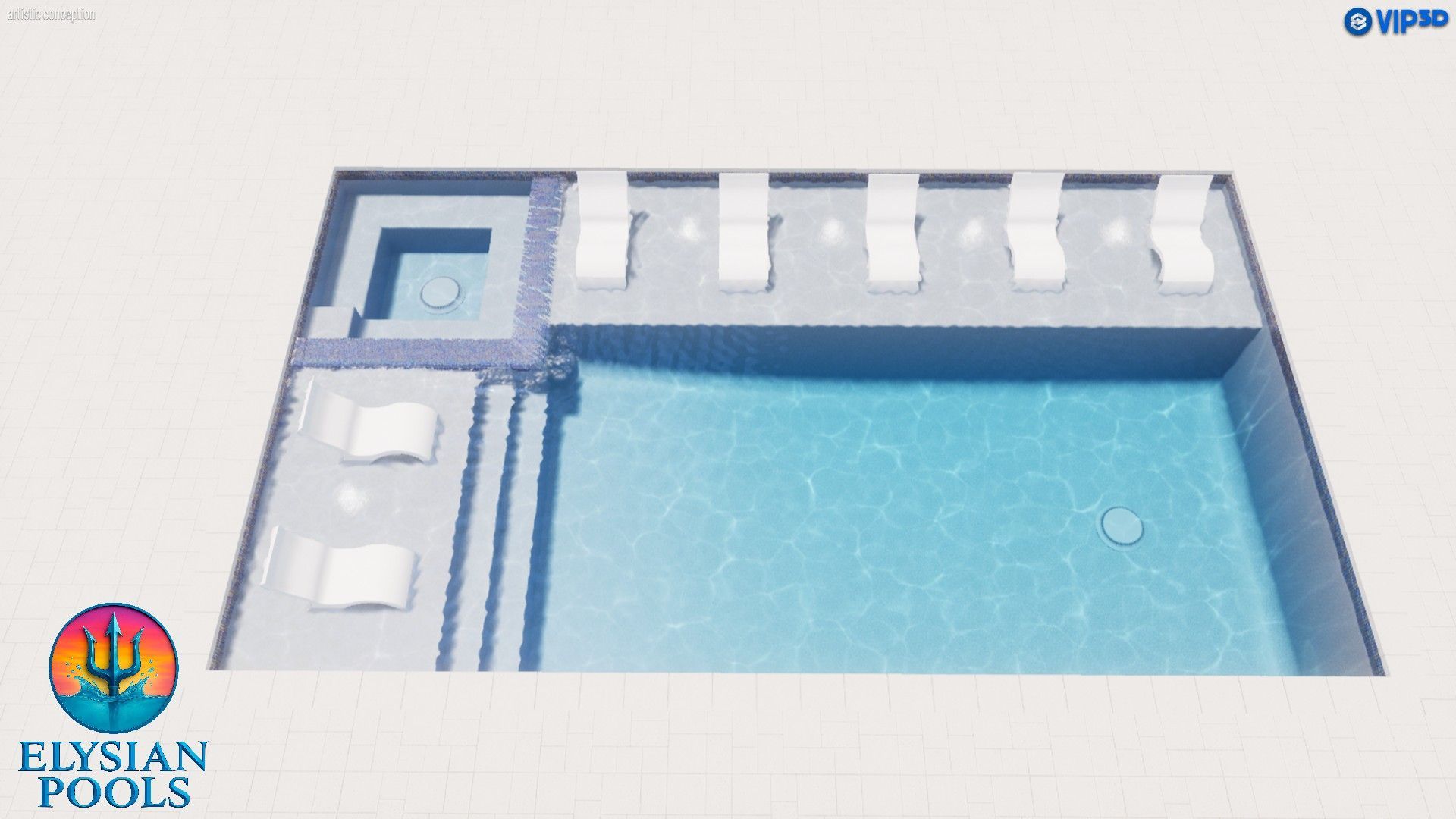 Top-down view of a modern swimming pool design with a jacuzzi, lounge chairs, and steps.