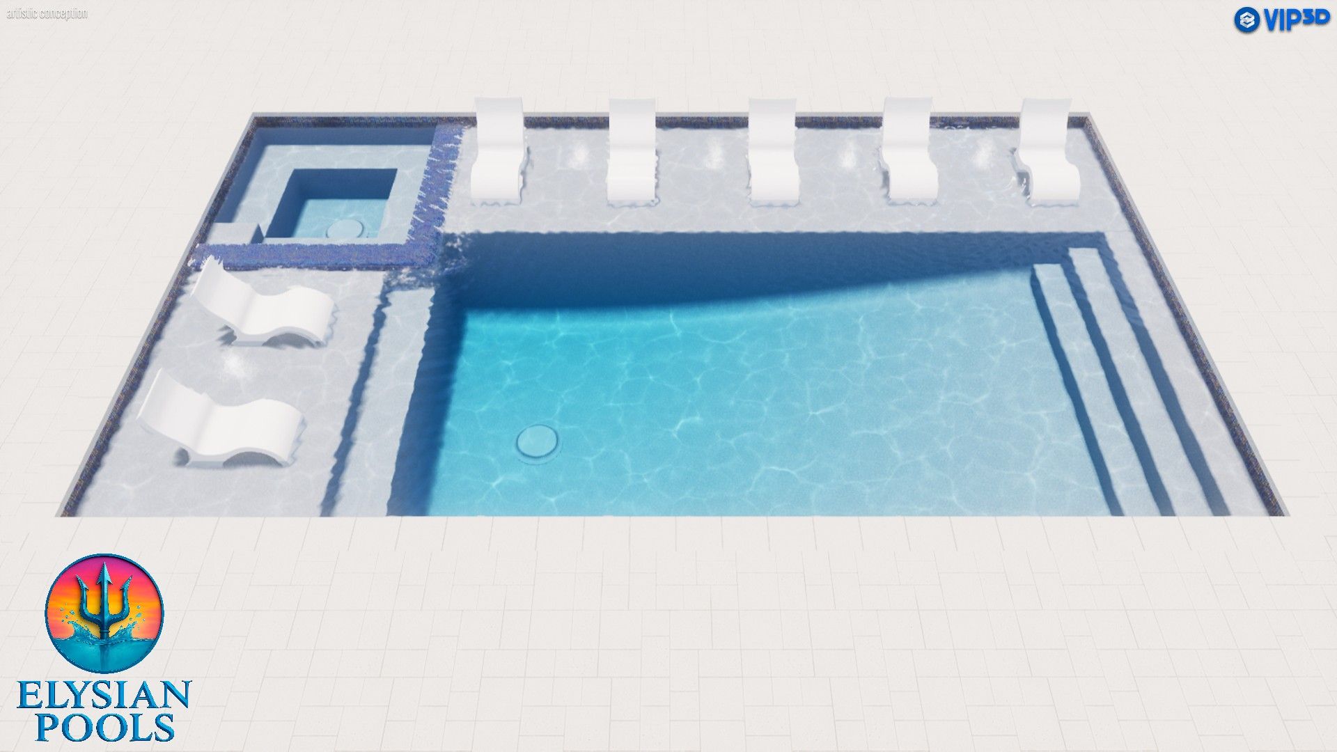 A 3D rendering of a pool design with a jacuzzi, lounge chairs, and steps.