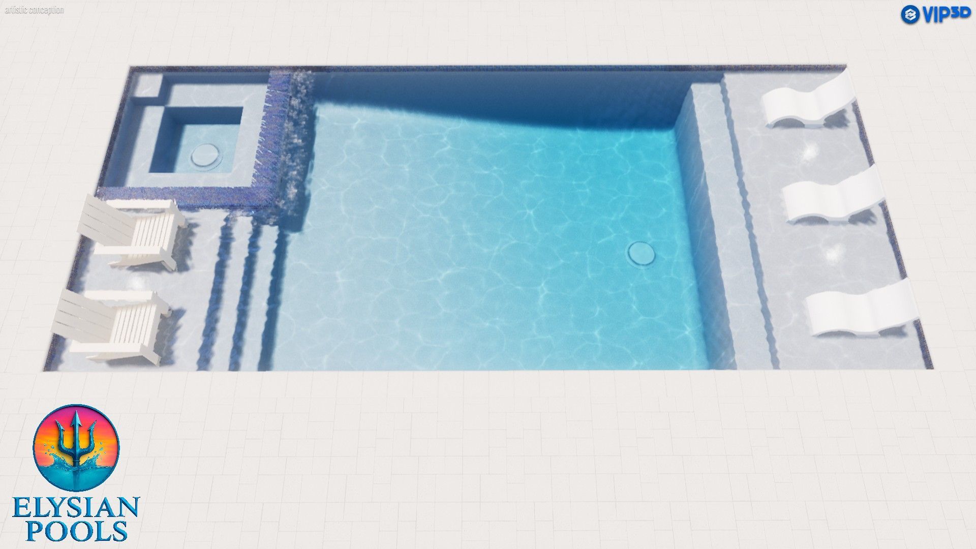 3D rendering of a pool design with a jacuzzi, steps, lounge chairs, and blue water.