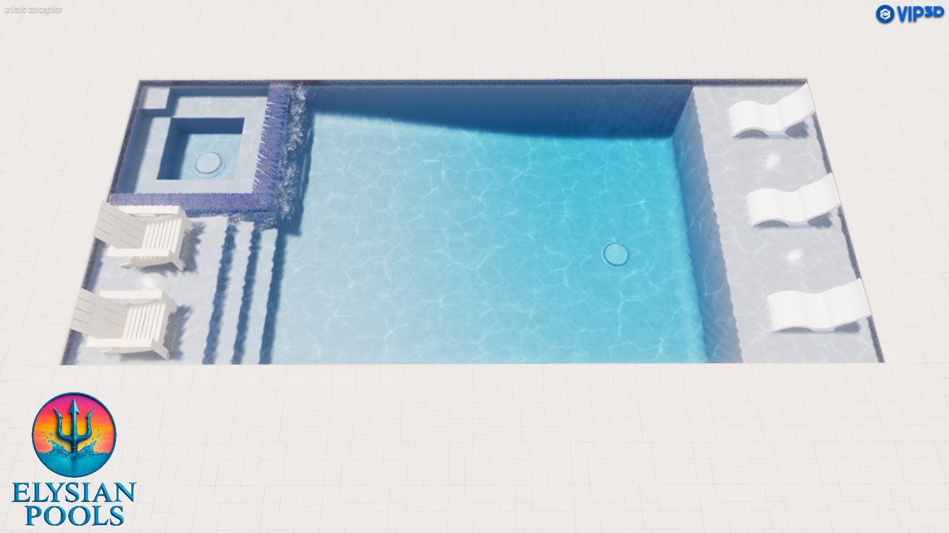 Aerial view of a rectangular pool with a spa, surrounded by lounge chairs on a white deck.