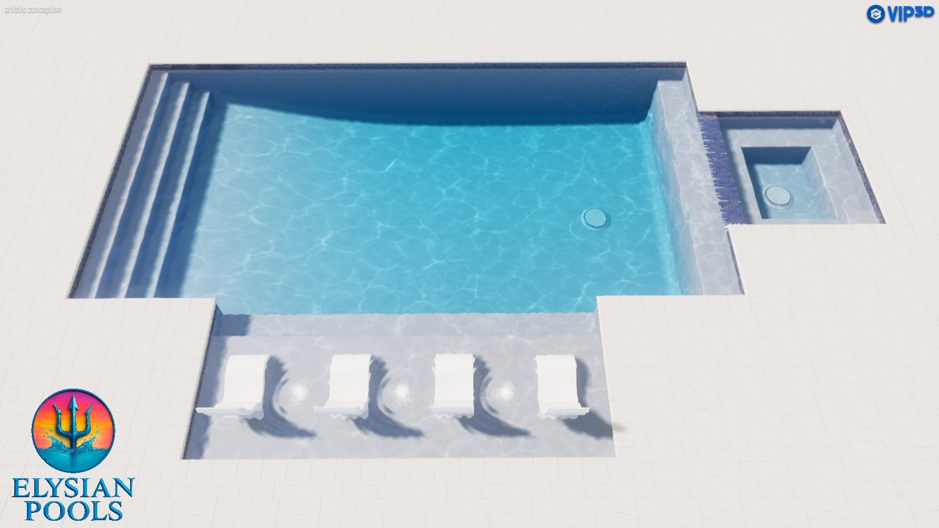 Pool design rendering with a rectangular pool, steps, and lounge chairs.