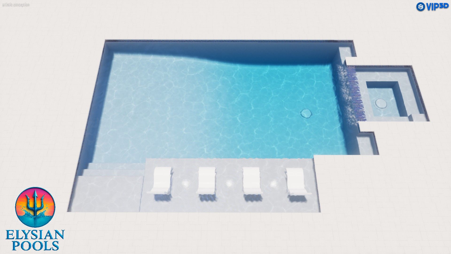 Top-down view of a pool with attached spa and lounge chairs. Bright blue water. Gray concrete and white chairs.