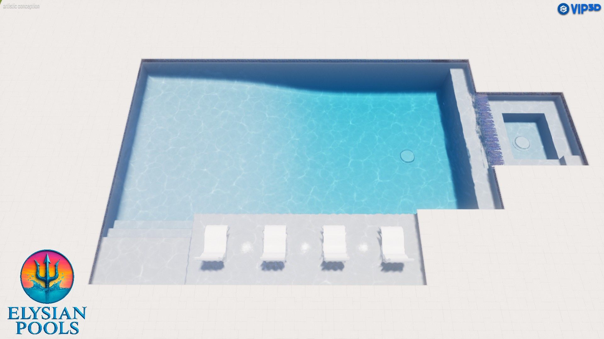 Top-down view of a rectangular swimming pool with attached spa and lounge chairs. Bright blue water and light gray surroundings.