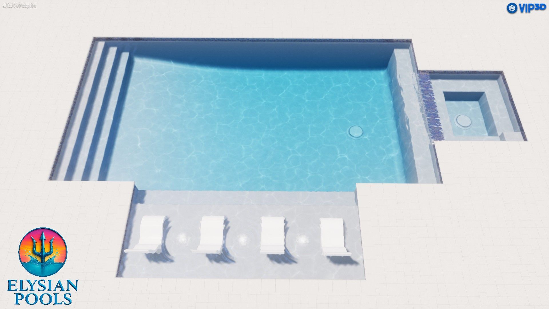 Top-down view of a modern swimming pool design with lounge chairs and a connected hot tub.