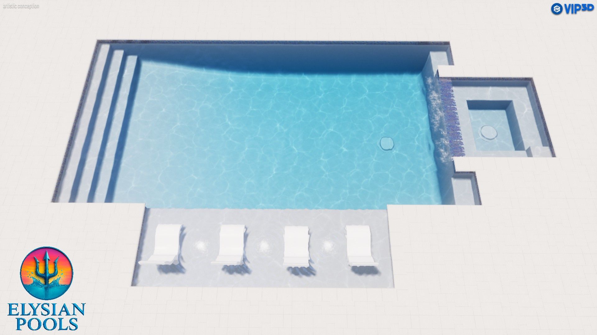Overhead view of a rectangular swimming pool with a jacuzzi and lounge chairs. Clear blue water and light gray concrete.