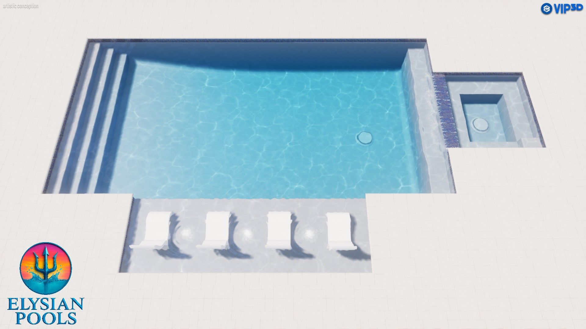 Overhead view of a rectangular swimming pool with a hot tub and lounge chairs on a white deck.