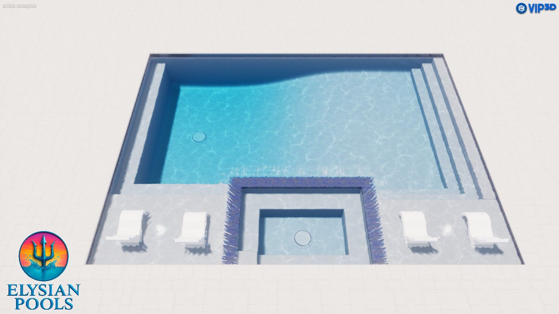 A 3D rendering of a rectangular pool with steps, lounge chairs, and blue tile accents.