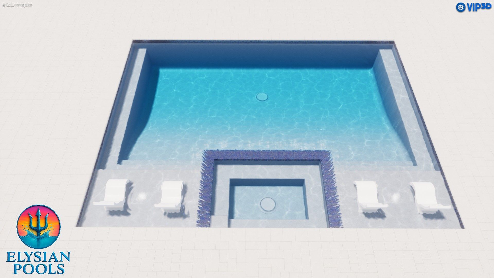 3D rendering of a modern pool design with blue water, white lounge chairs, and a built-in spa.