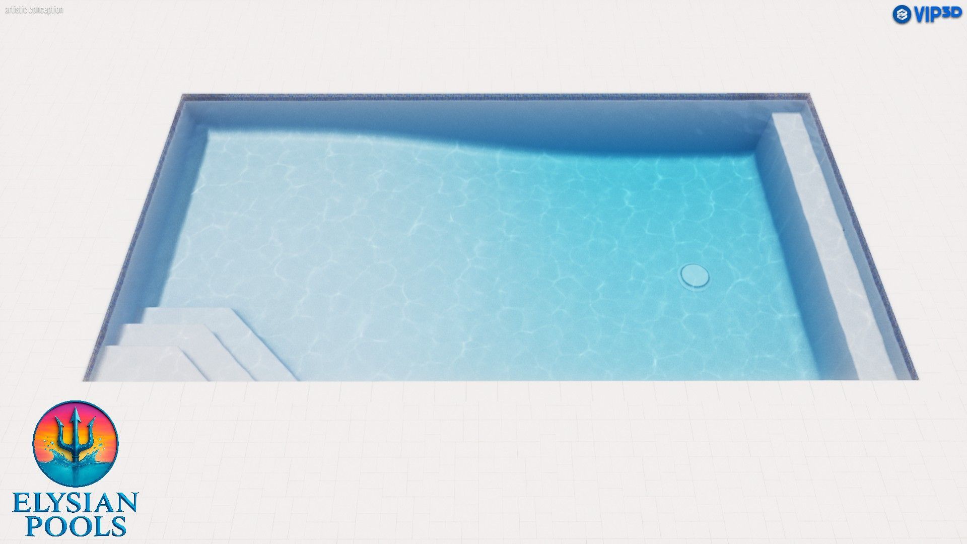 Animated view of a rectangular swimming pool with steps. Blue water and a white exterior. Elysian Pools logo present.