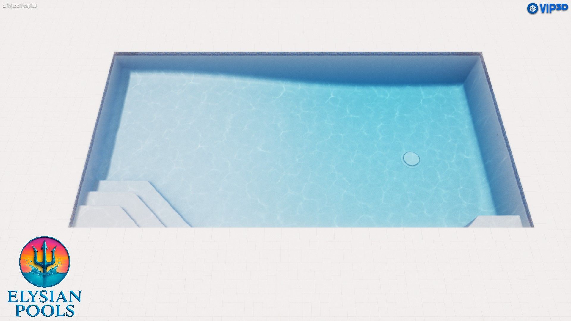 Animated view of a rectangular pool with clear blue water and steps, logo of Elysian Pools visible.