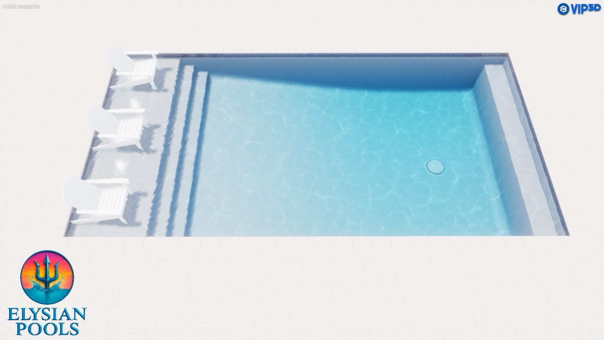 A rectangular swimming pool with steps, lounge chairs, and light blue water.