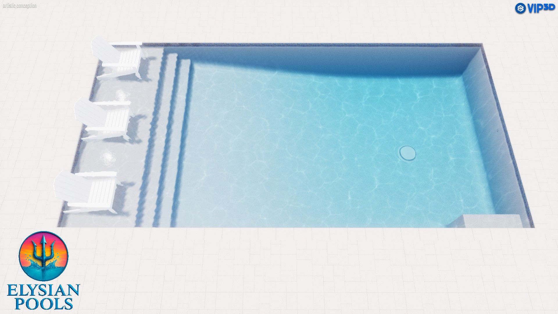Isometric view of a rectangular swimming pool with steps. Blue water and white pool surround.