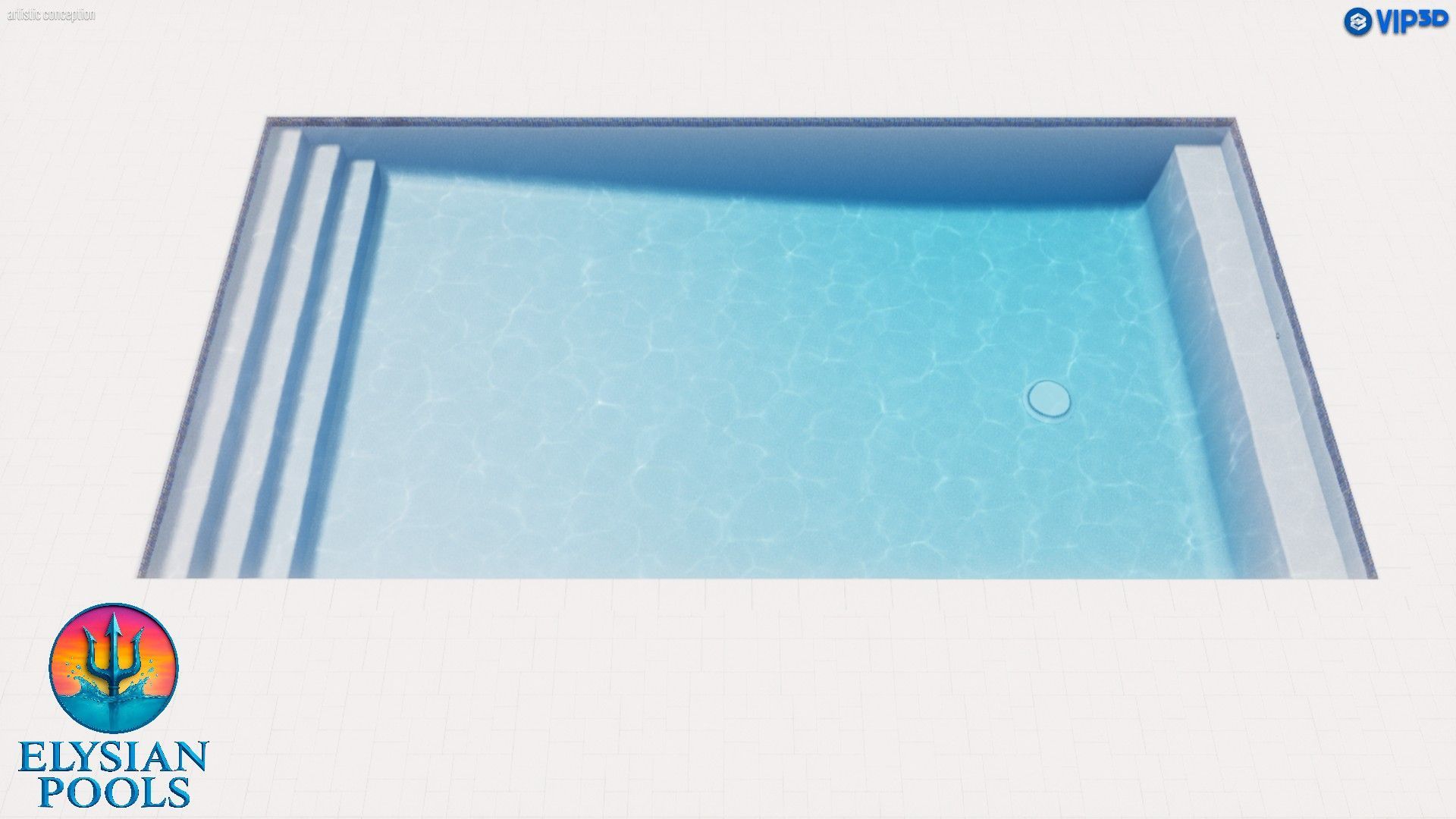 Animated view of a rectangular swimming pool filled with blue water, showing steps and a skimmer.