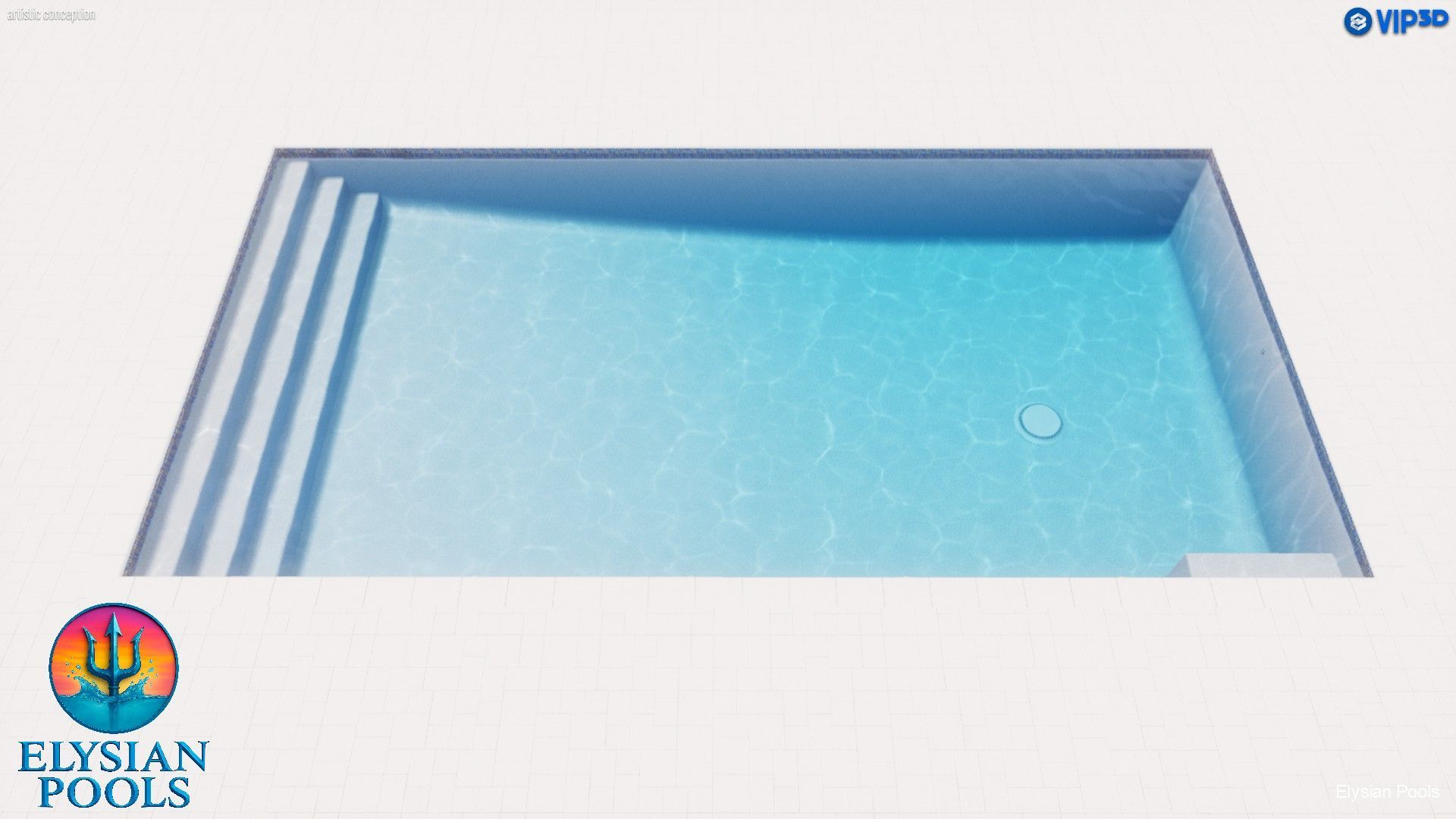 A rectangular swimming pool filled with water, featuring built-in stairs, with a logo in the bottom left corner.