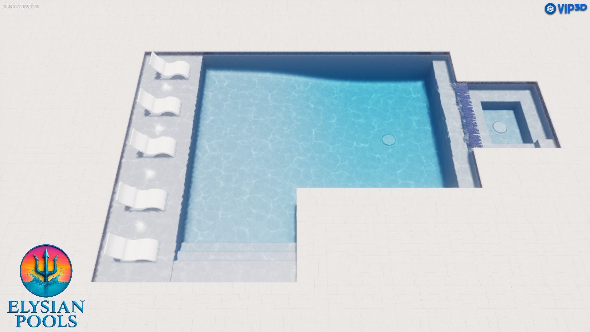 Isometric view of a modern swimming pool with lounge chairs and a connected spa. Clear blue water.