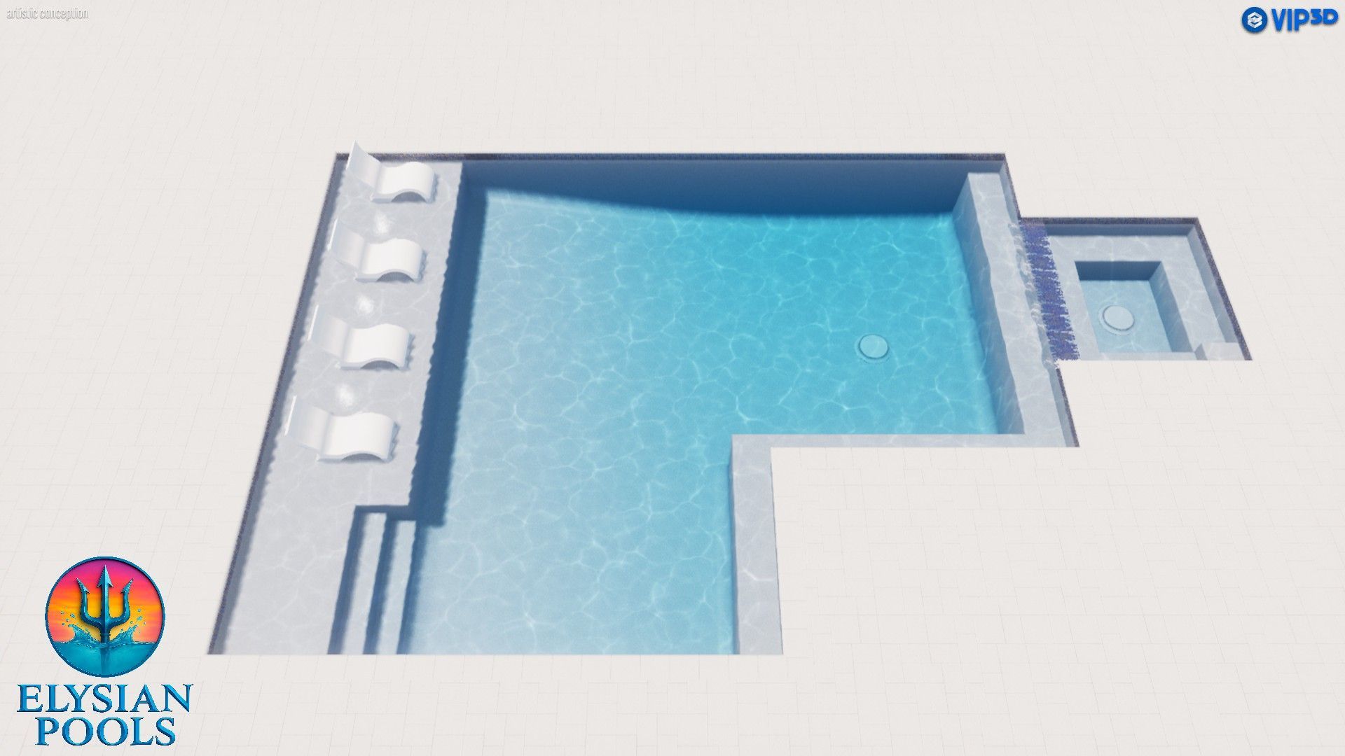3D rendering of a pool with seating, steps, and spa. Blue water, gray concrete, and white accents.