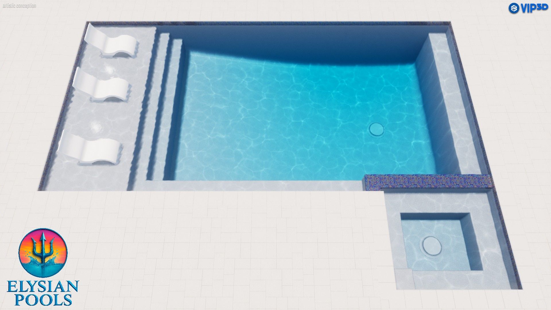 Overhead view of a swimming pool with lounge chairs and a connected spa. Turquoise water reflects the blue sky.