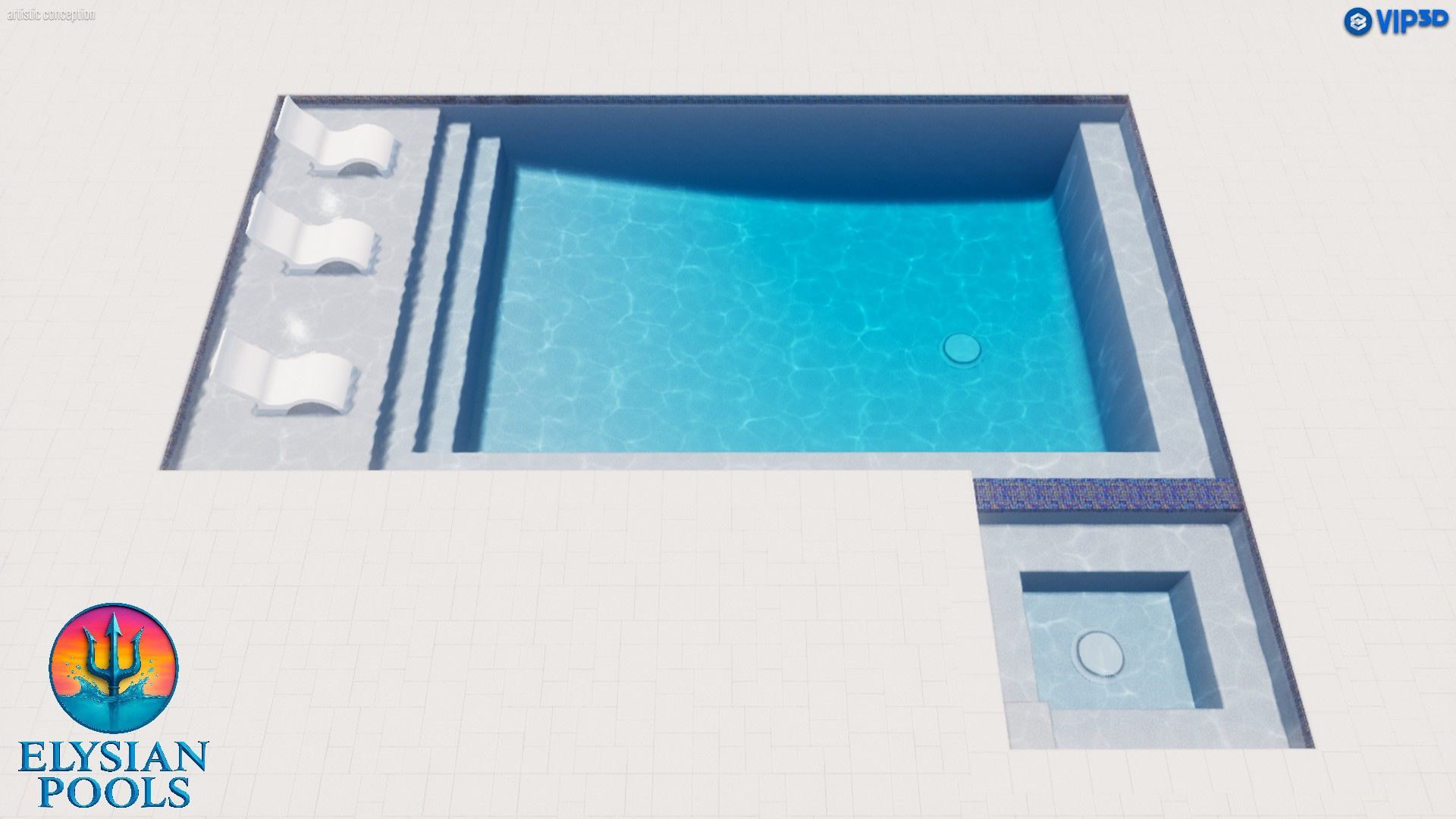 Overhead view of a modern swimming pool with steps, a jacuzzi, and lounge chairs on a white deck.