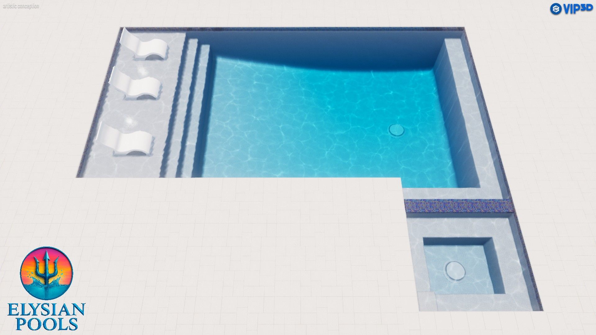 Bird's-eye view of a modern swimming pool design with light blue water and stone deck, three white lounge chairs.