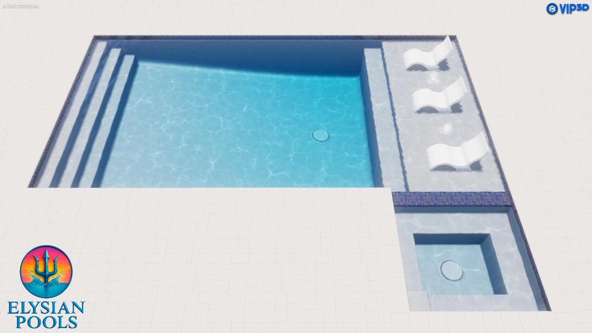 A modern pool design with a pool, lounge chairs, a spa, and steps, all in shades of blue and white.