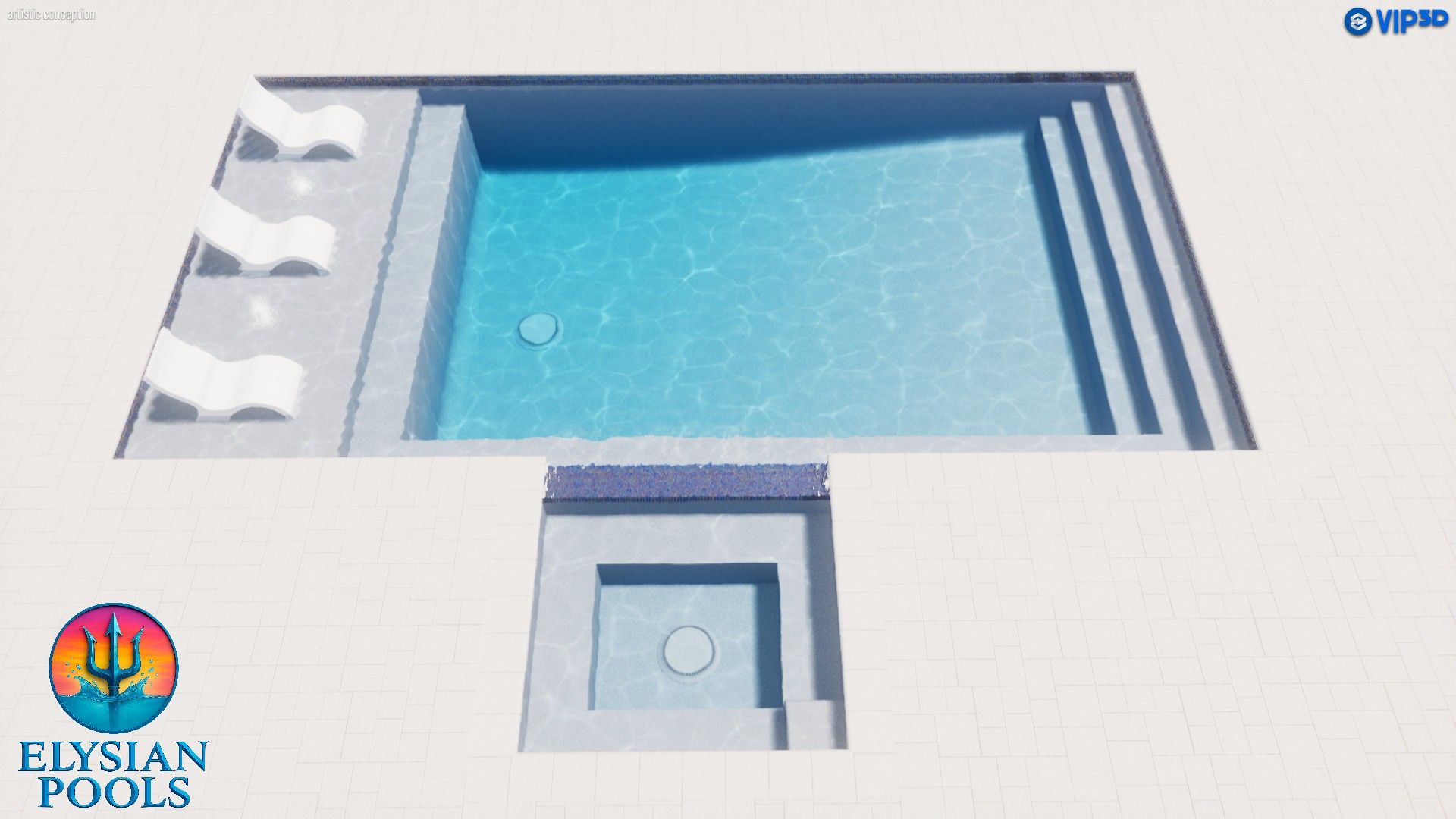 3D rendering of a rectangular swimming pool with sunbeds, steps, and a cover, in a white outdoor setting.