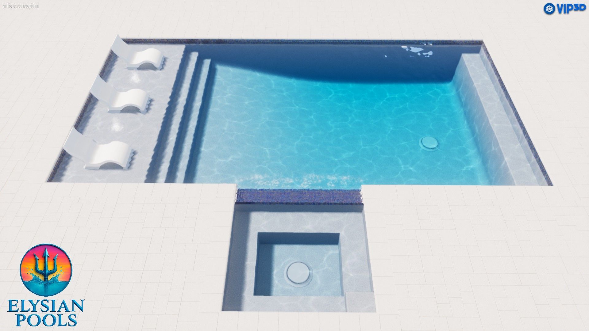 Pool with steps and spa, bright blue water, white surroundings. Elysian Pools logo in corner.