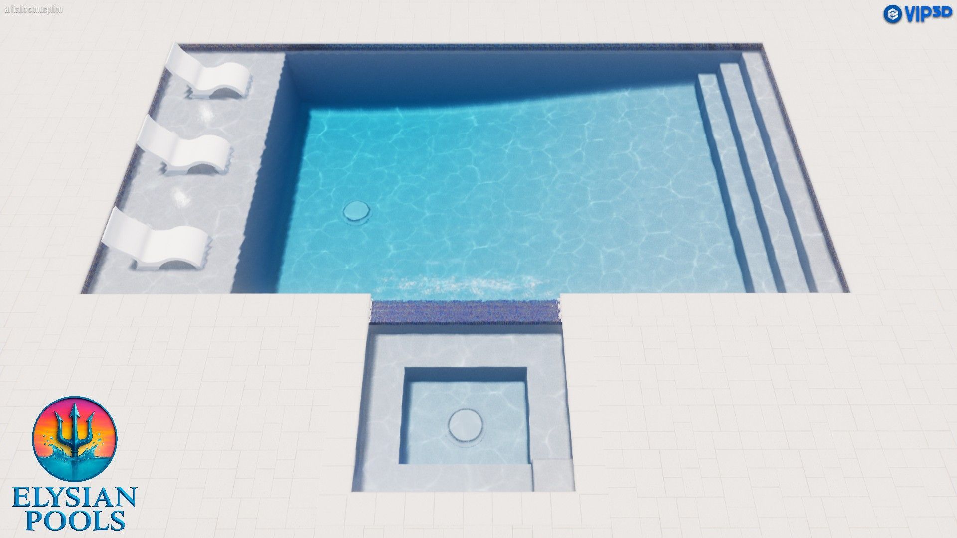 Modern pool with stairs, three lounge chairs, and water feature.