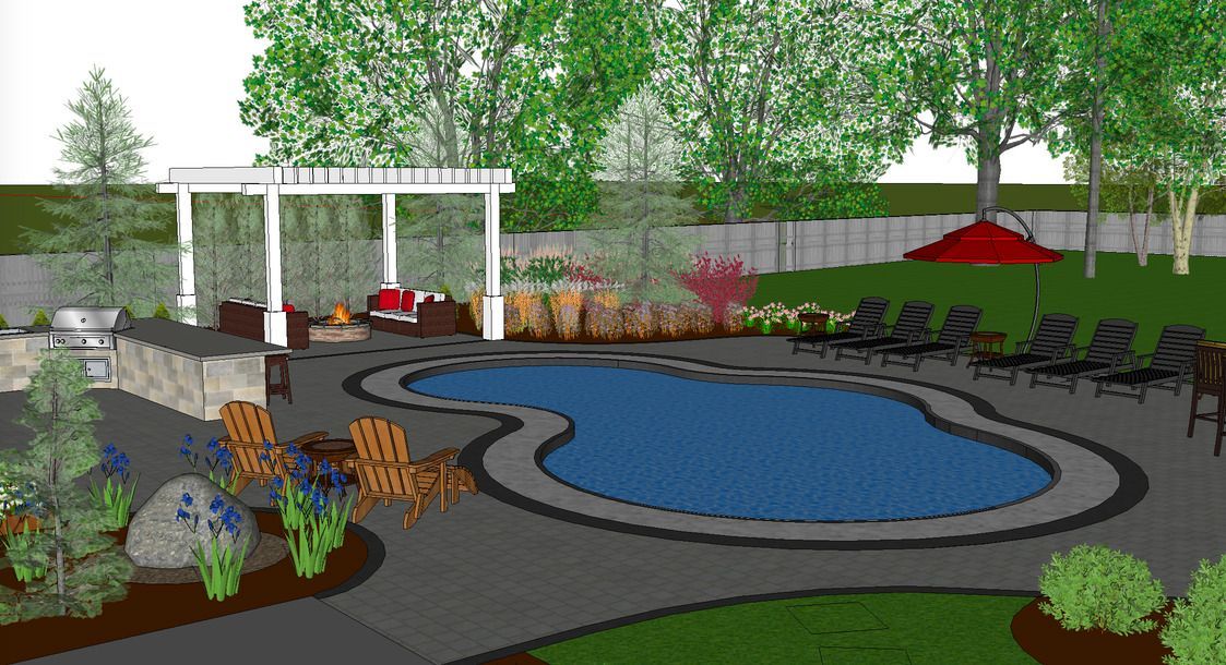 A 3d rendering of a backyard with a large pool and a pergola