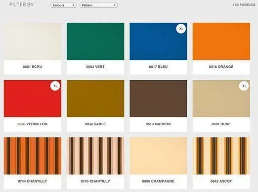 Color and pattern swatches for fabric selection.