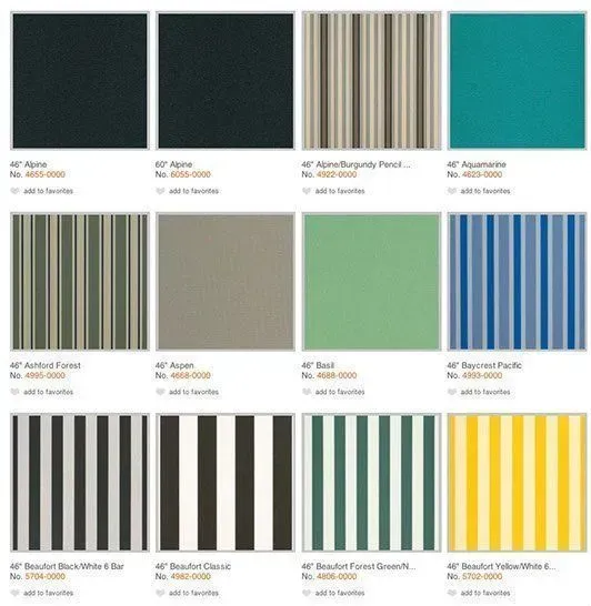 Collection of awning fabric swatches in various colors and striped patterns.