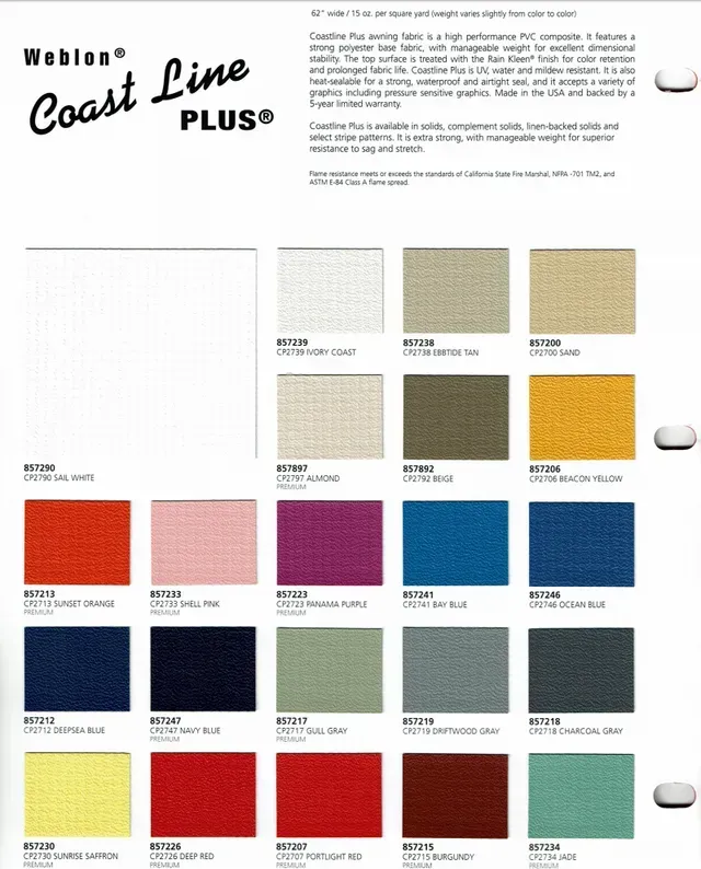Color swatches of Weblon Coast Line Plus vinyl in various hues, with corresponding codes.