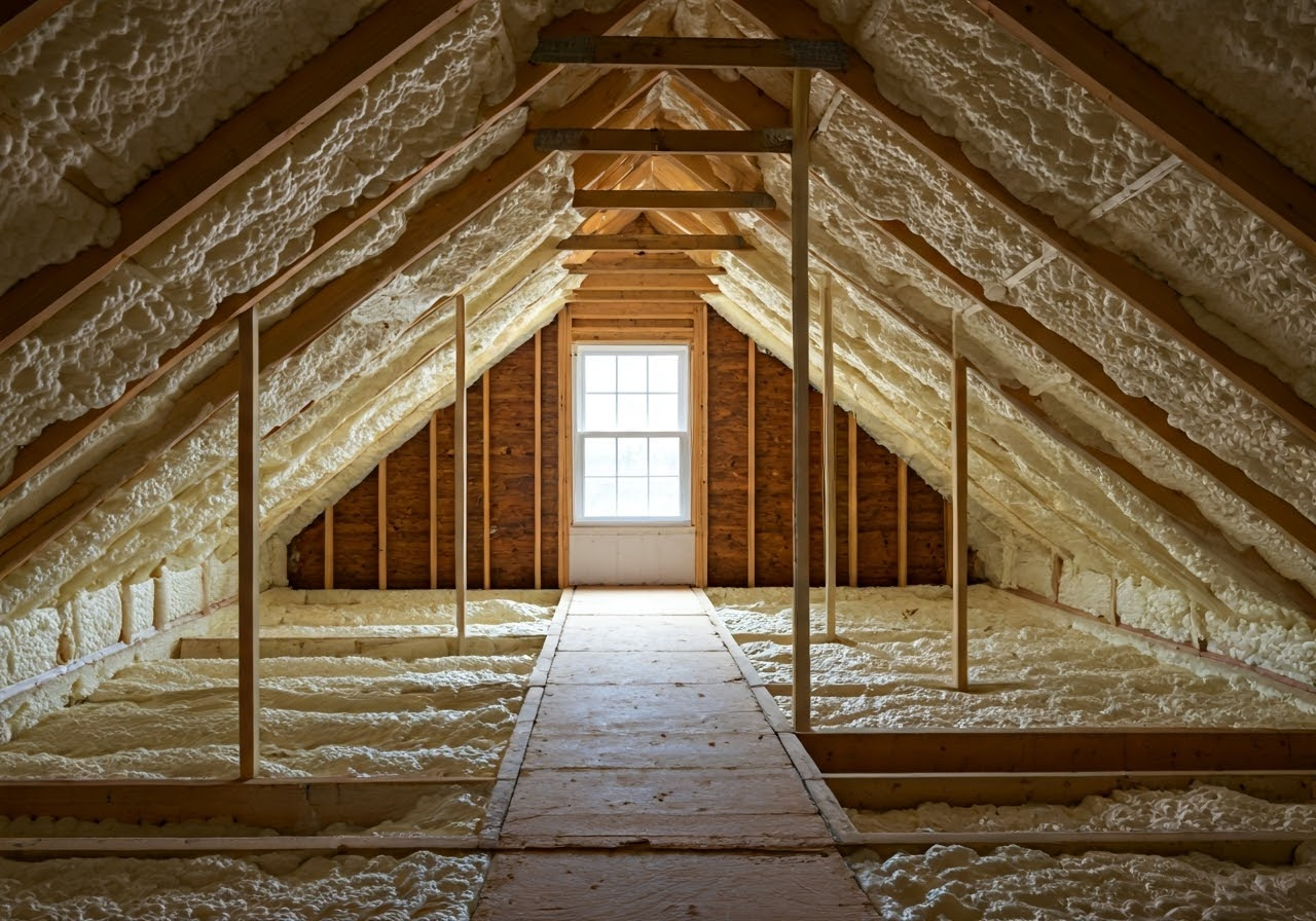 Spray foam in a Fort Worth attic, added by north Fort Worth Roofer. 