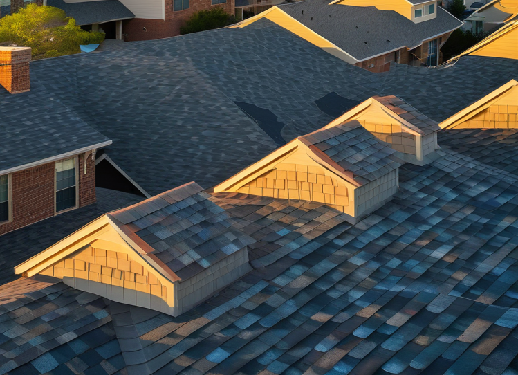 Suburban Fort Worth homes with textured designer shingles under a sunset-lit sky.