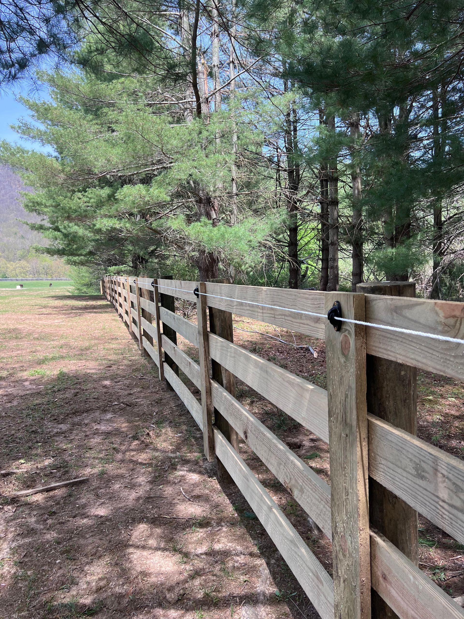 A wooden fence surrounds a field with trees in the background.