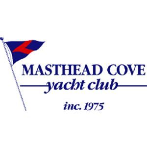 Masthead Cove Yacht Club logo with blue and red pennant, text “inc. 1975”