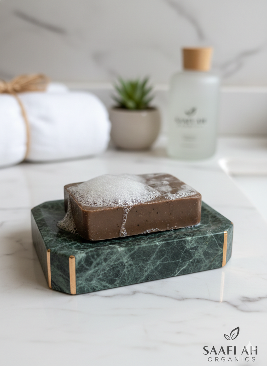 A dark bar of soap with lather sitting on a green marble soap dish, with a white towel and lotion bottle in the background.