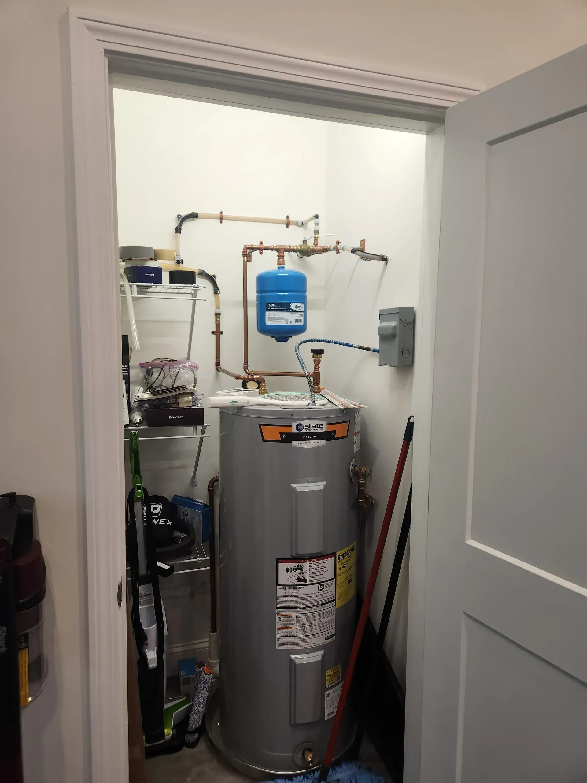 A closet containing a water heater, blue expansion tank, and other plumbing fixtures.
