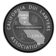 The logo for the california dui lawyers association is black and white.