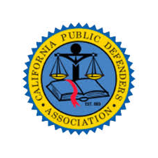 The logo for the california public defenders association is a seal with a scale of justice and a book.