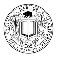 A black and white image of the seal of the bar of california.