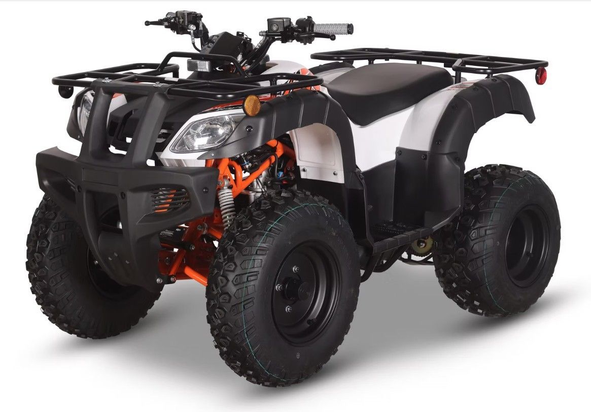ATV with black frame, orange accents, black tires, and white/black body.