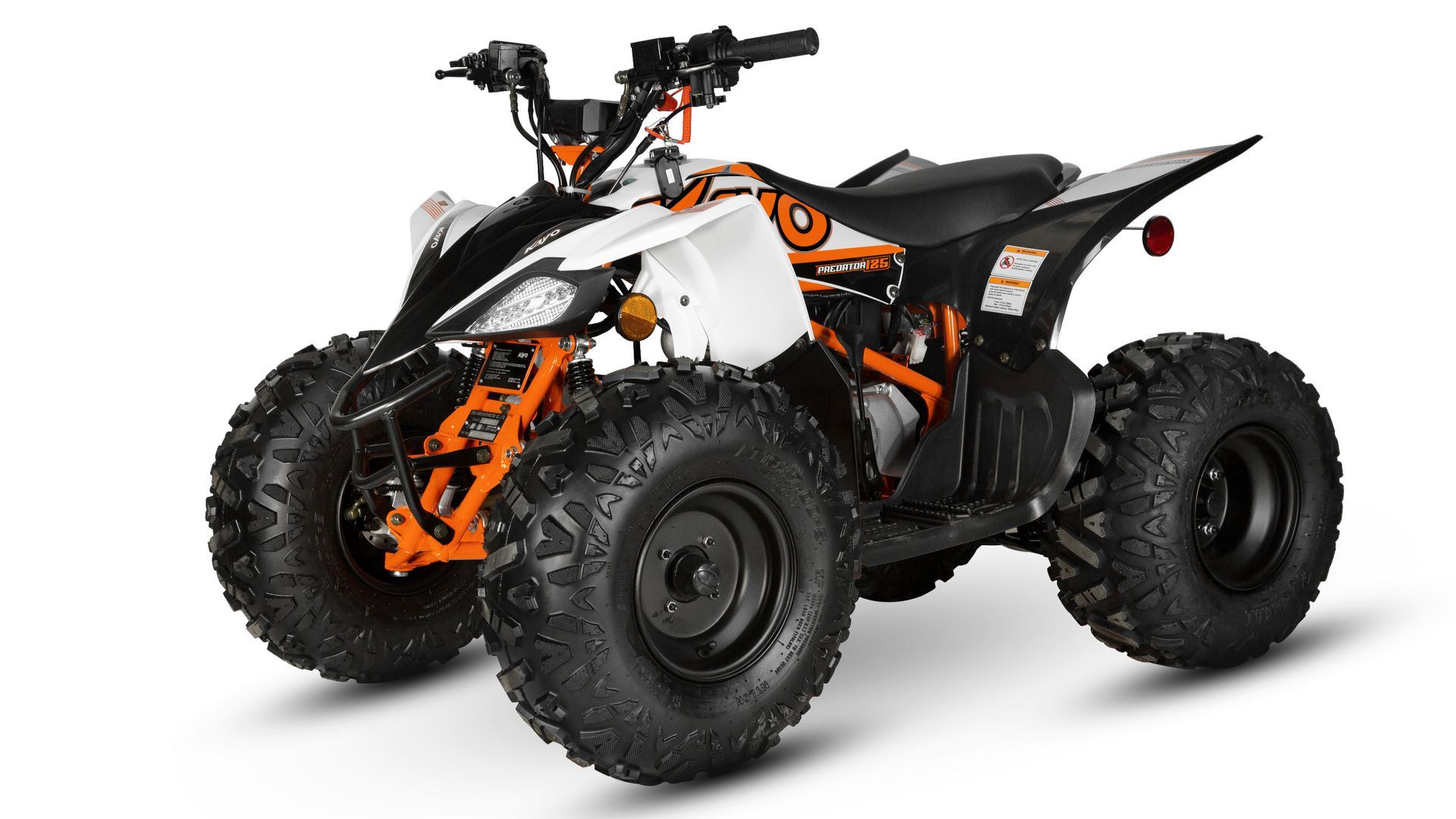 Orange and white ATV with black accents, positioned at an angle.