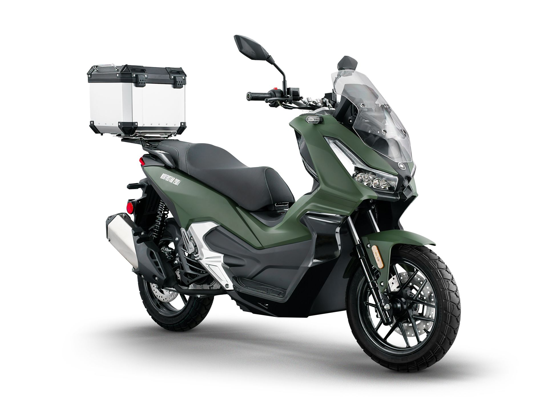 A matte olive-green adventure scooter with a silver cargo top box mounted on the back, shown against a white background.