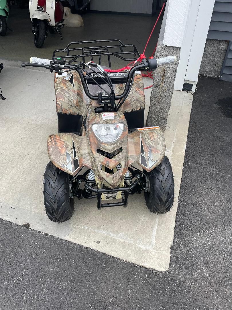 A camouflage atv is parked on the sidewalk in front of a garage.