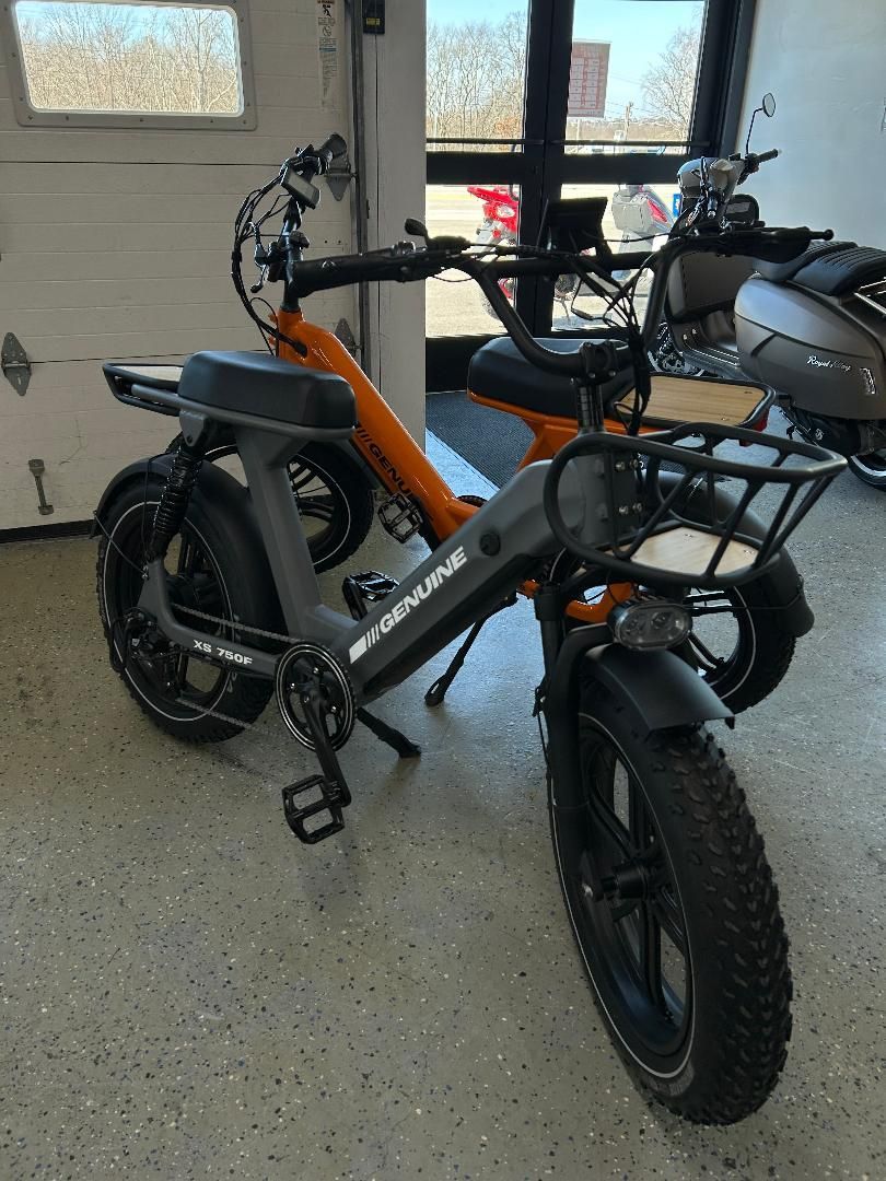 An electric bike is parked in a garage next to a motorcycle.