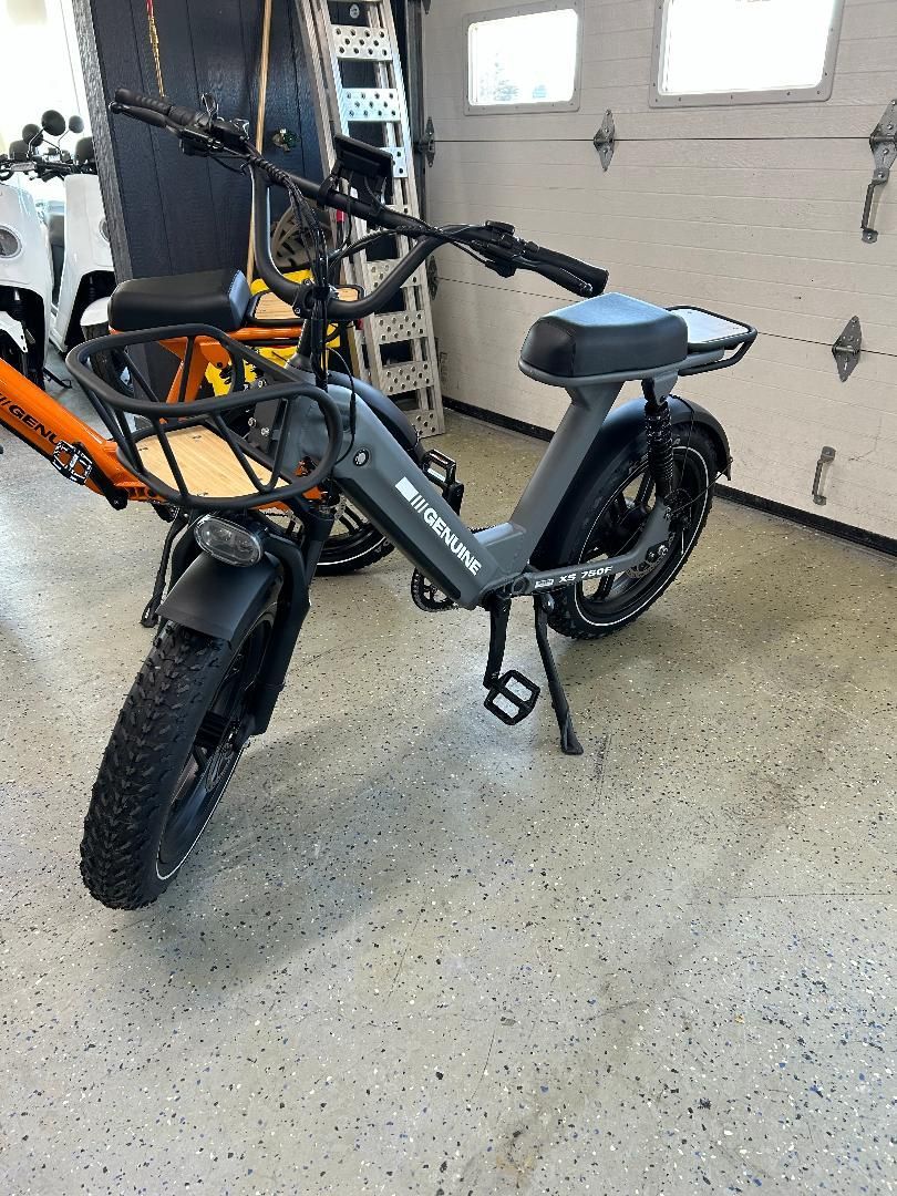 An electric bike is parked in a garage next to a garage door.